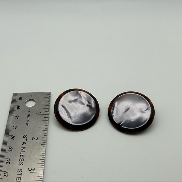 Vintage 80s Statement Purple Shiny Metallic Pierced Stud Earrings Acrylic Brown - Picture 7 of 9